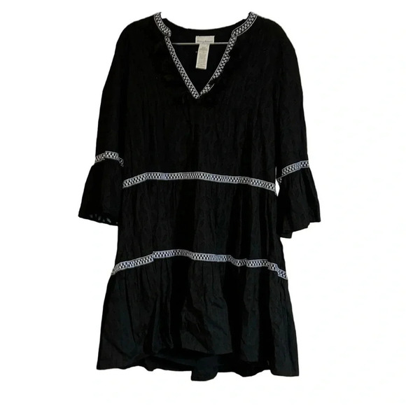 Tommy Bahama Black Vneck Embroidered Tiered Cover-up Black Size Medium - Picture 2 of 7